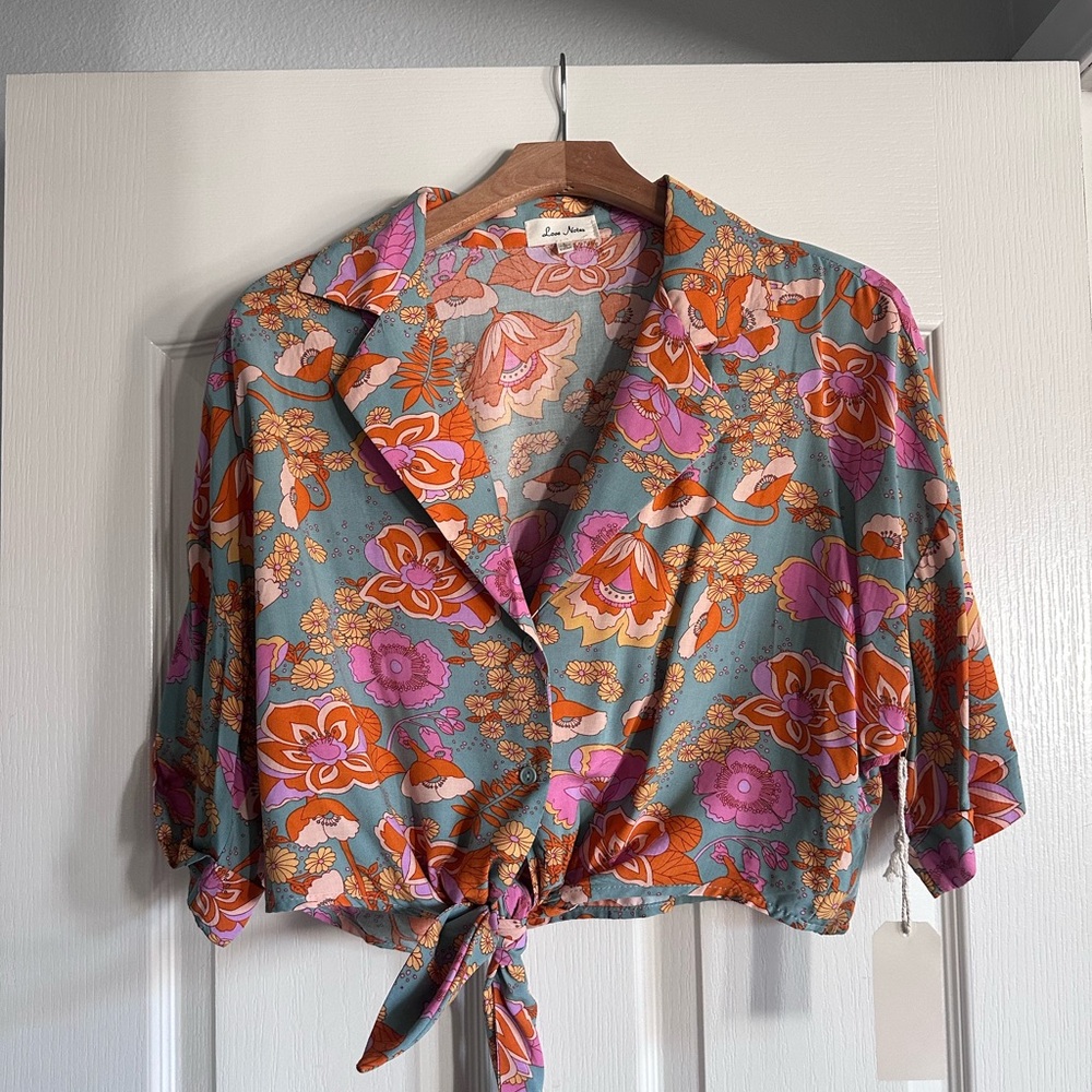 Love Notes Floral Tie-Front Blouse - Pink and Orange